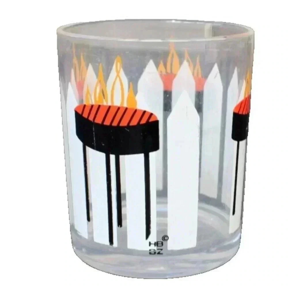 Vtg MCM H J Stotter Painted Acrylic Low Ball Beverage Tumbler Cup Barbeque Grill
